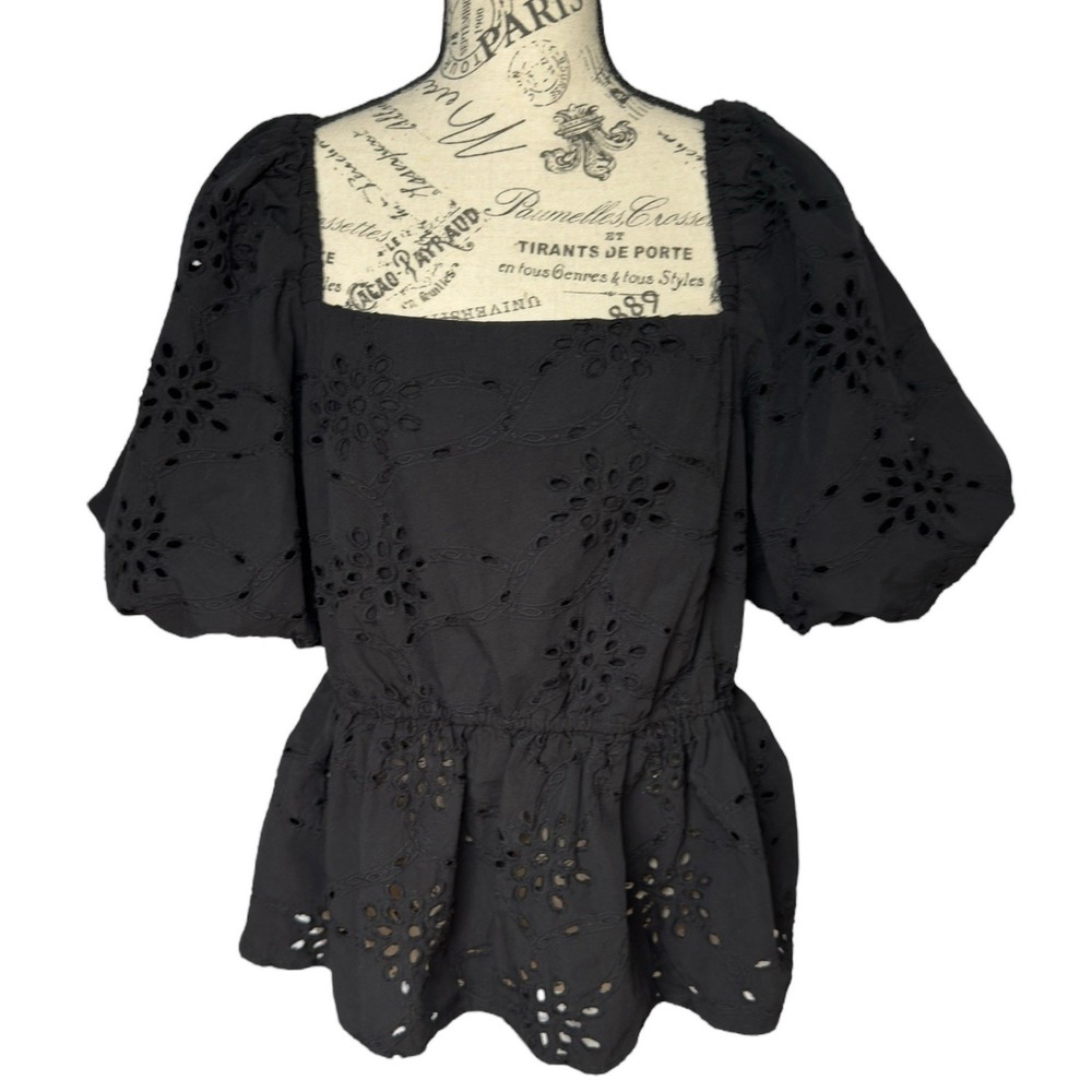 Saks Fifth Avenue Eyelet Top XL Black Peplum Puff Sleeve Romantic Renaissance